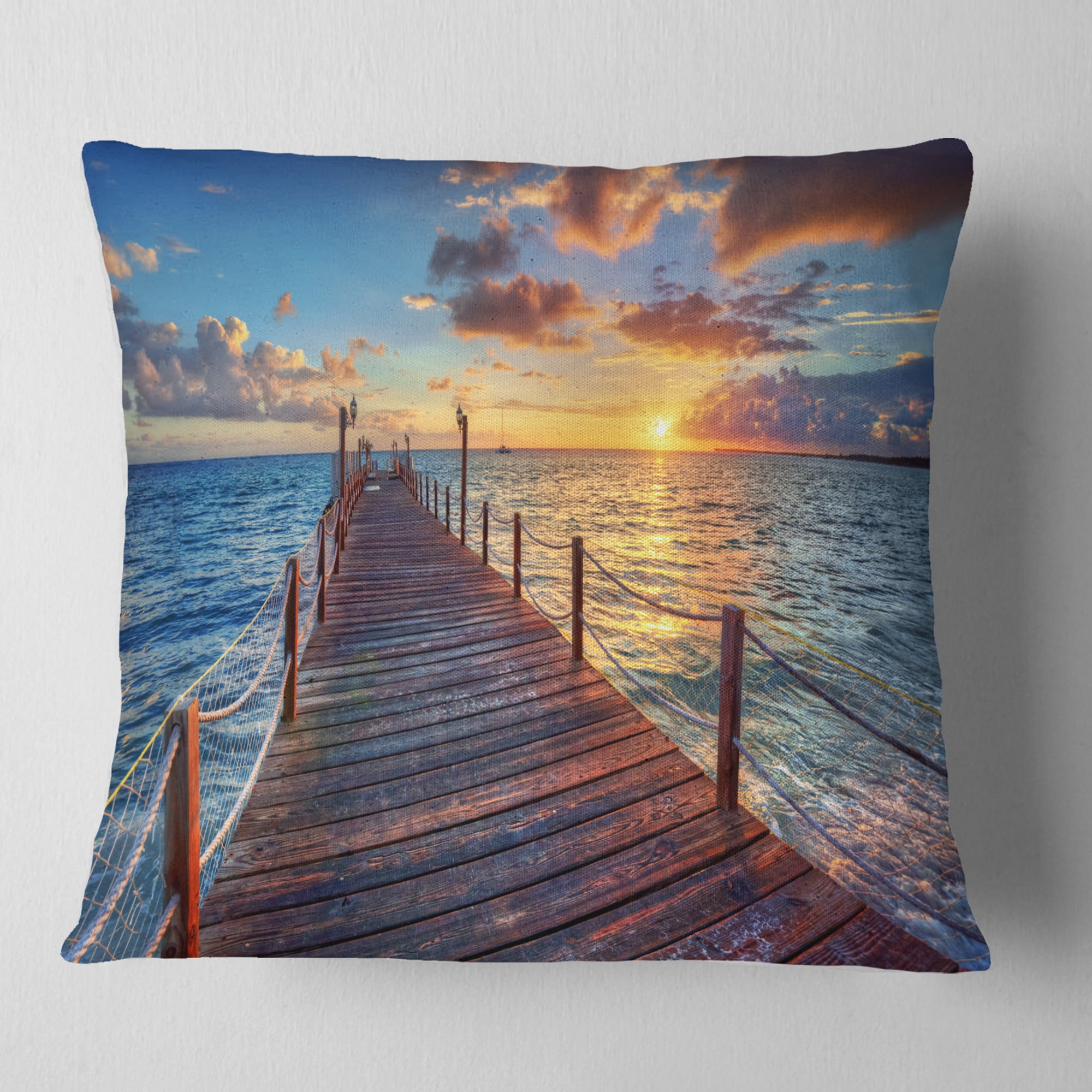 Designart Beautiful Sunset over Sea Pier - Modern Throw Pillow - 18x18