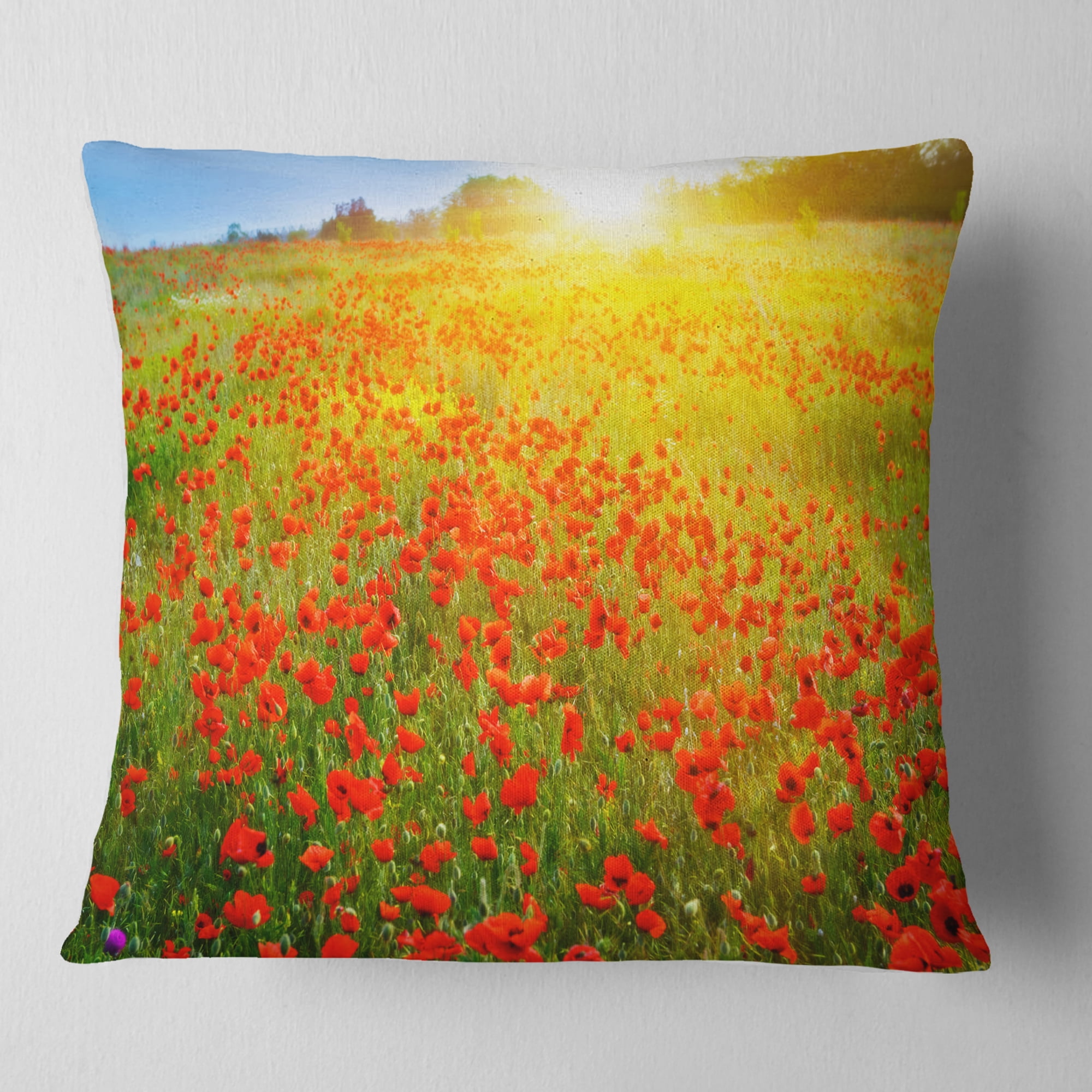 Designart Beautiful Sunshine over Poppy Fields - Floral Throw Pillow - 18x18