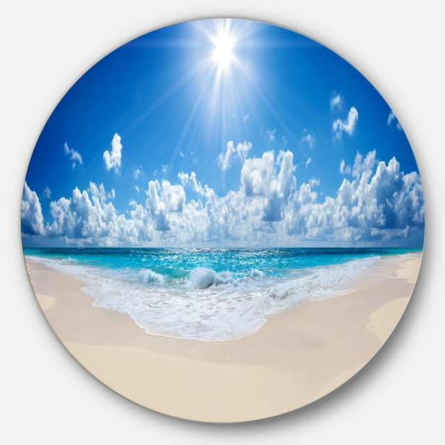 Designart 'Beautiful Tropical Beach Panorama' Disc Seashore Metal Circle Wall Art