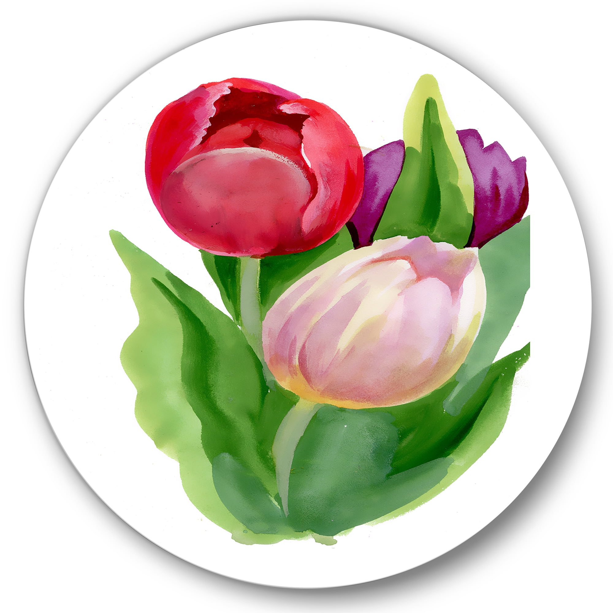 Designart 'Beautiful Tulip Flowers Red and Pink' Traditional Circle Metal Wall Art 11x11 - Disc of 11