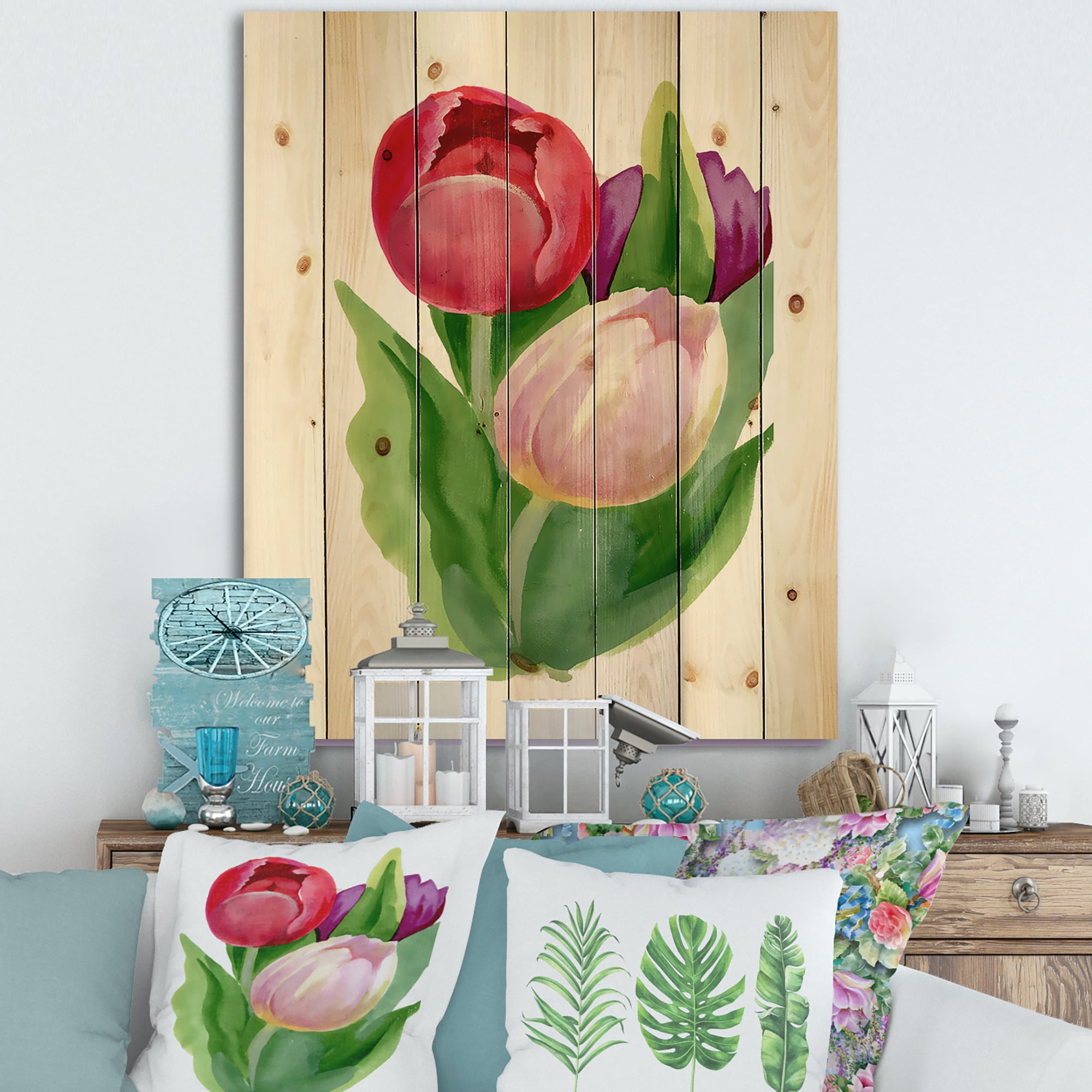 Designart 'Beautiful Tulip Flowers Red and Pink' Traditional Print on Natural Pine Wood
