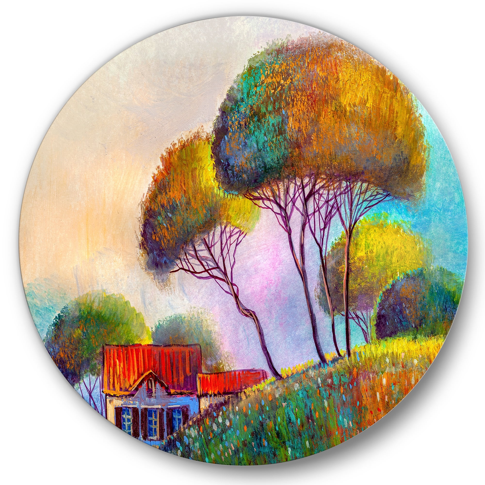 Designart 'Beautiful Village House On A Hot Summer Day' Modern Circle Metal Wall Art 11x11 - Disc of 11