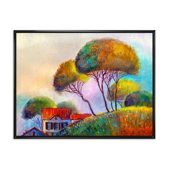 Designart 'Beautiful Village House On A Hot Summer Day' Modern Framed Canvas Wall Art Print