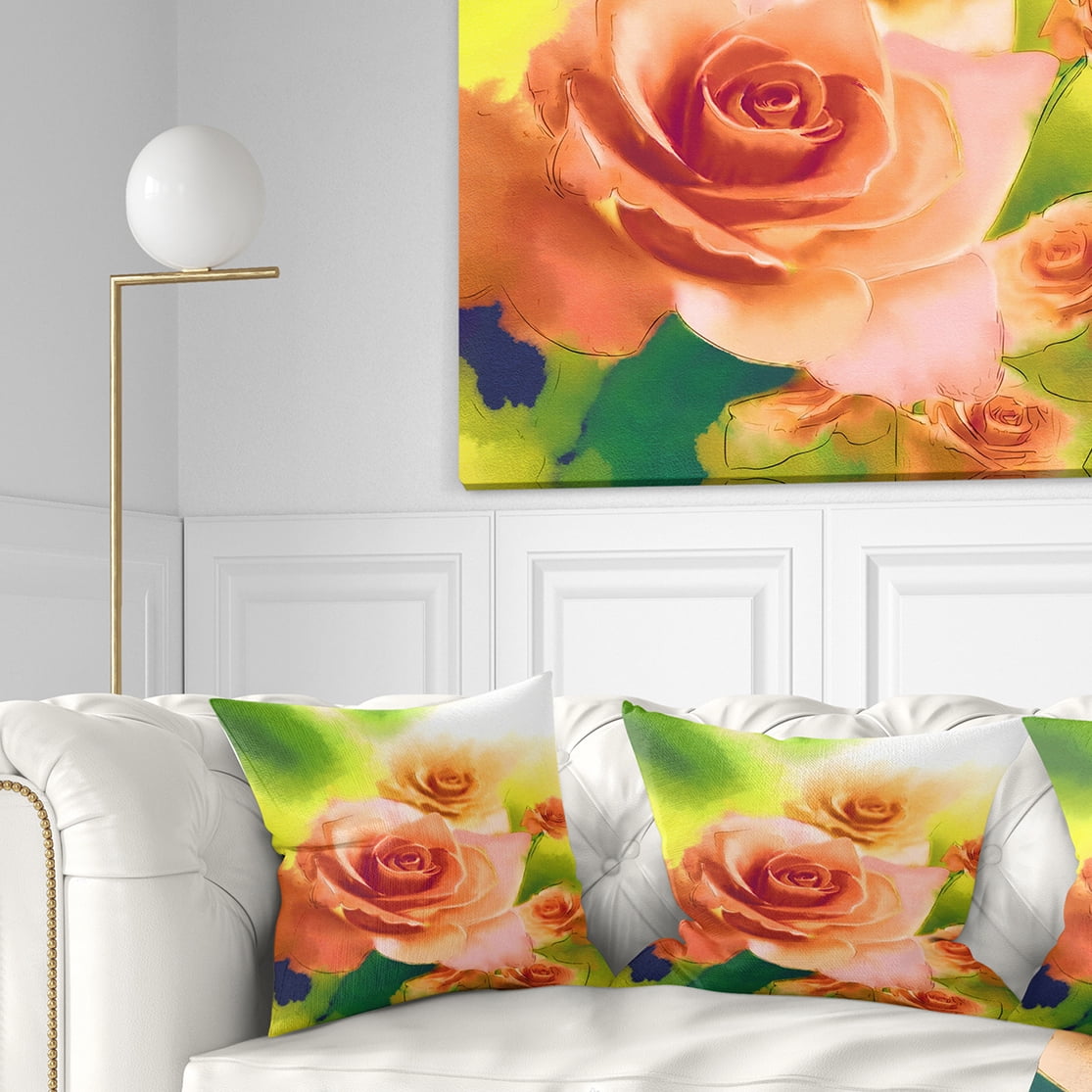 Designart Beautiful Watercolor Roses on Green - Flower Throw Pillow - 16x16