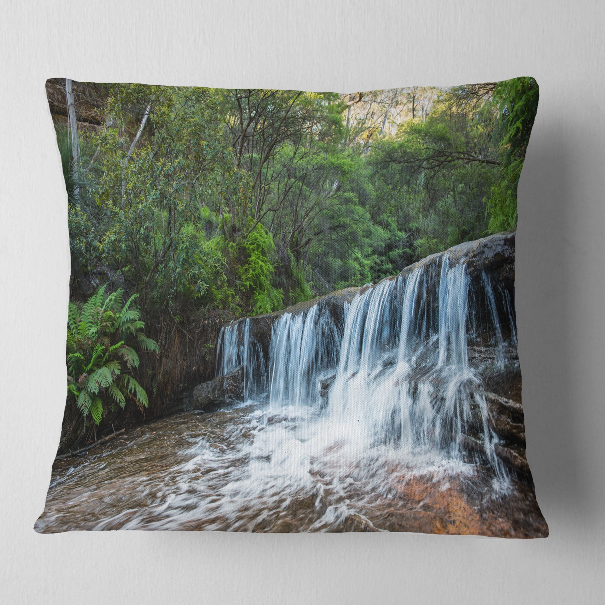 Designart Beautiful Waterfall in New Australia - Landscape Printed Throw Pillow - 16x16