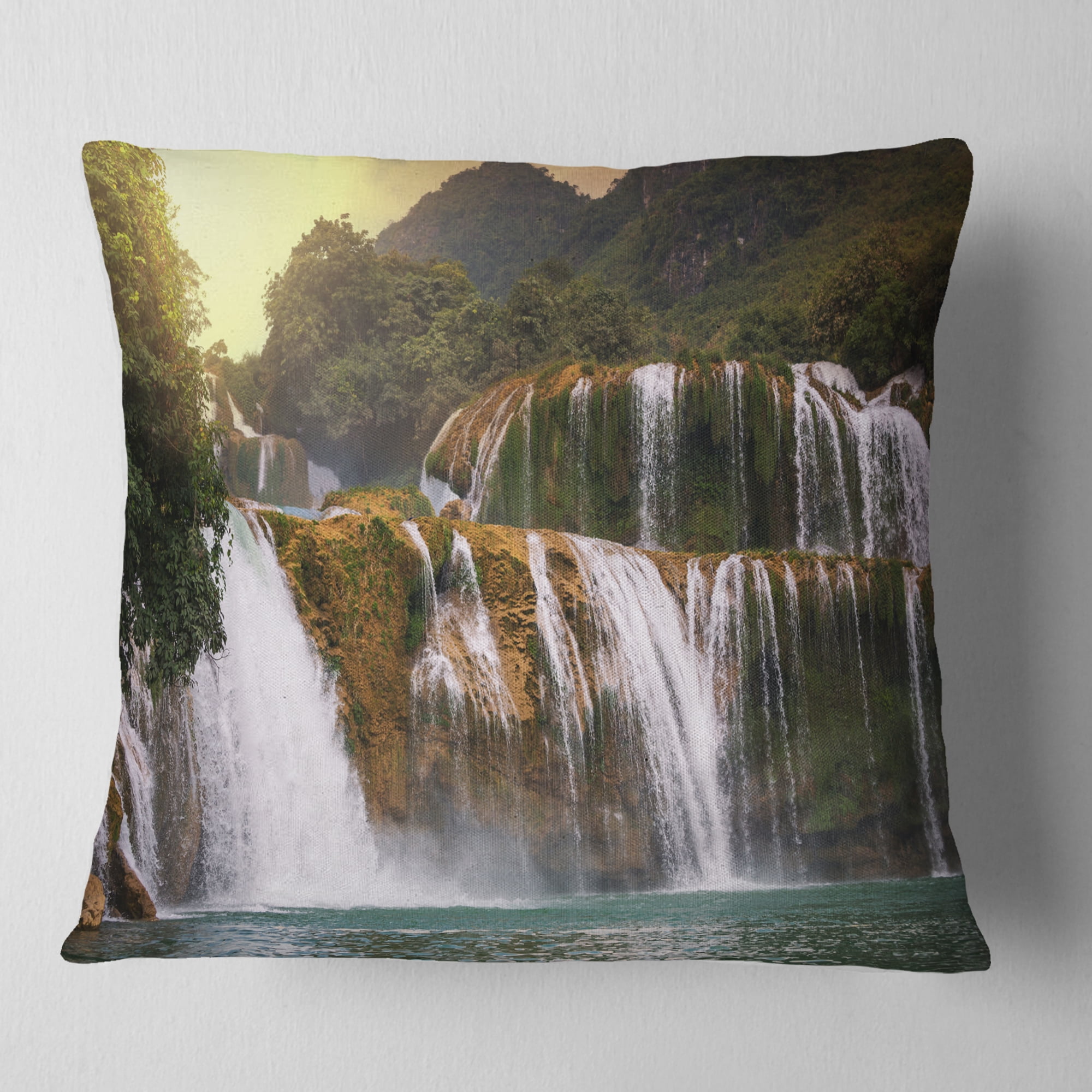 Designart Beautiful Waterfall in Vietnam - Landscape Printed Throw Pillow - 16x16