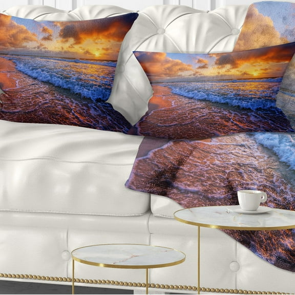 Designart Beautiful Waves under Cloudy Sky - Seashore Throw Pillow - 12x20