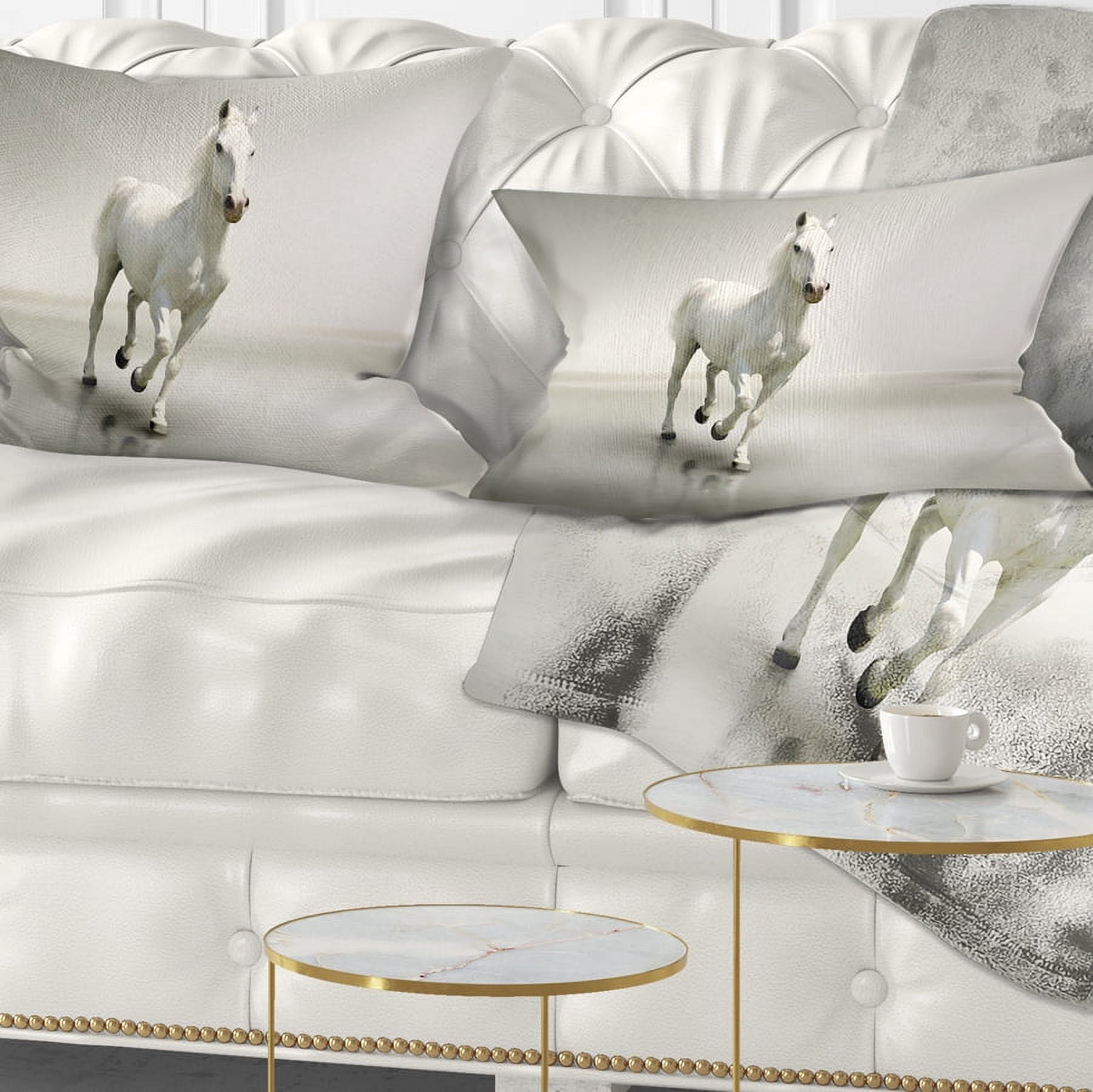 Designart Beautiful White Horse Running - Animal Throw Pillow - 12x20