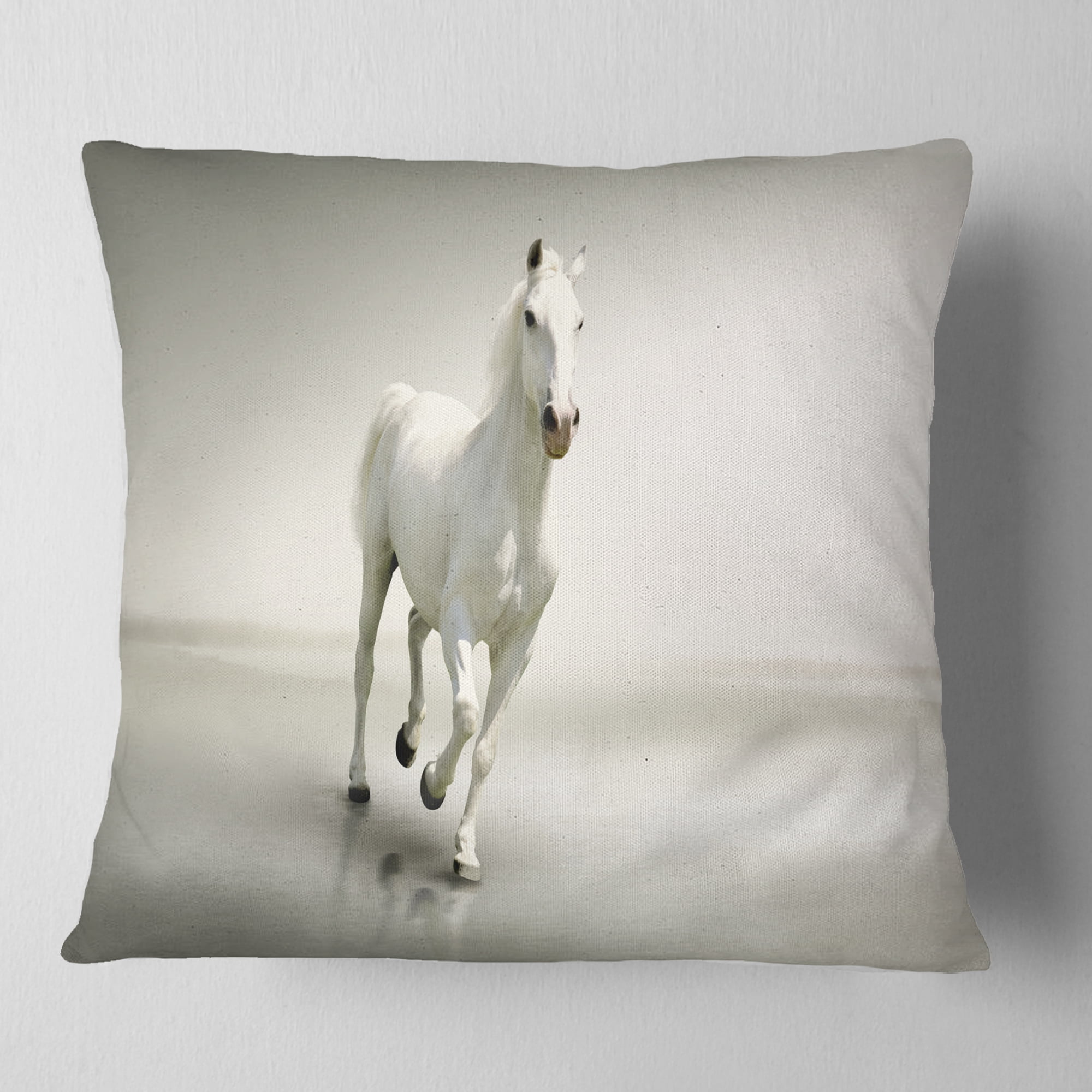 Designart Beautiful White Horse Running - Animal Throw Pillow - 18x18