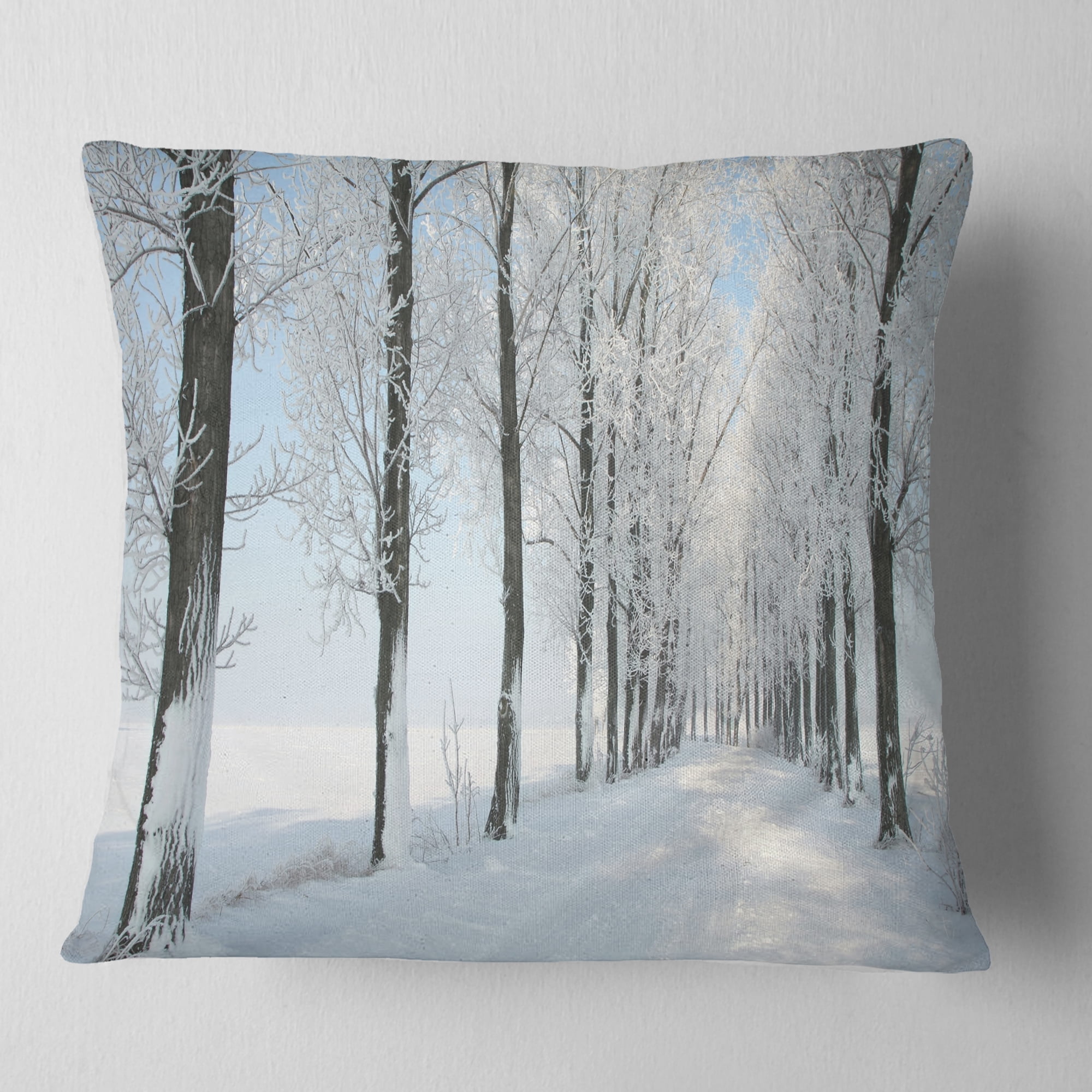 Designart Beautiful Winter Forest Lane Photo - Forest Throw Pillow - 18x18