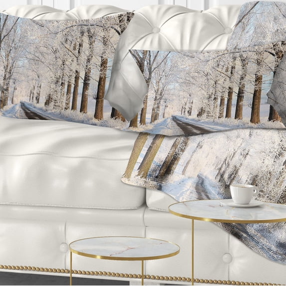 Designart Beautiful Winter Lane at Morning - Forest Throw Pillow - 12x20