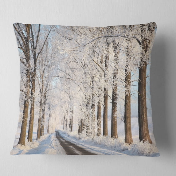 Designart Beautiful Winter Lane at Morning - Forest Throw Pillow - 18x18