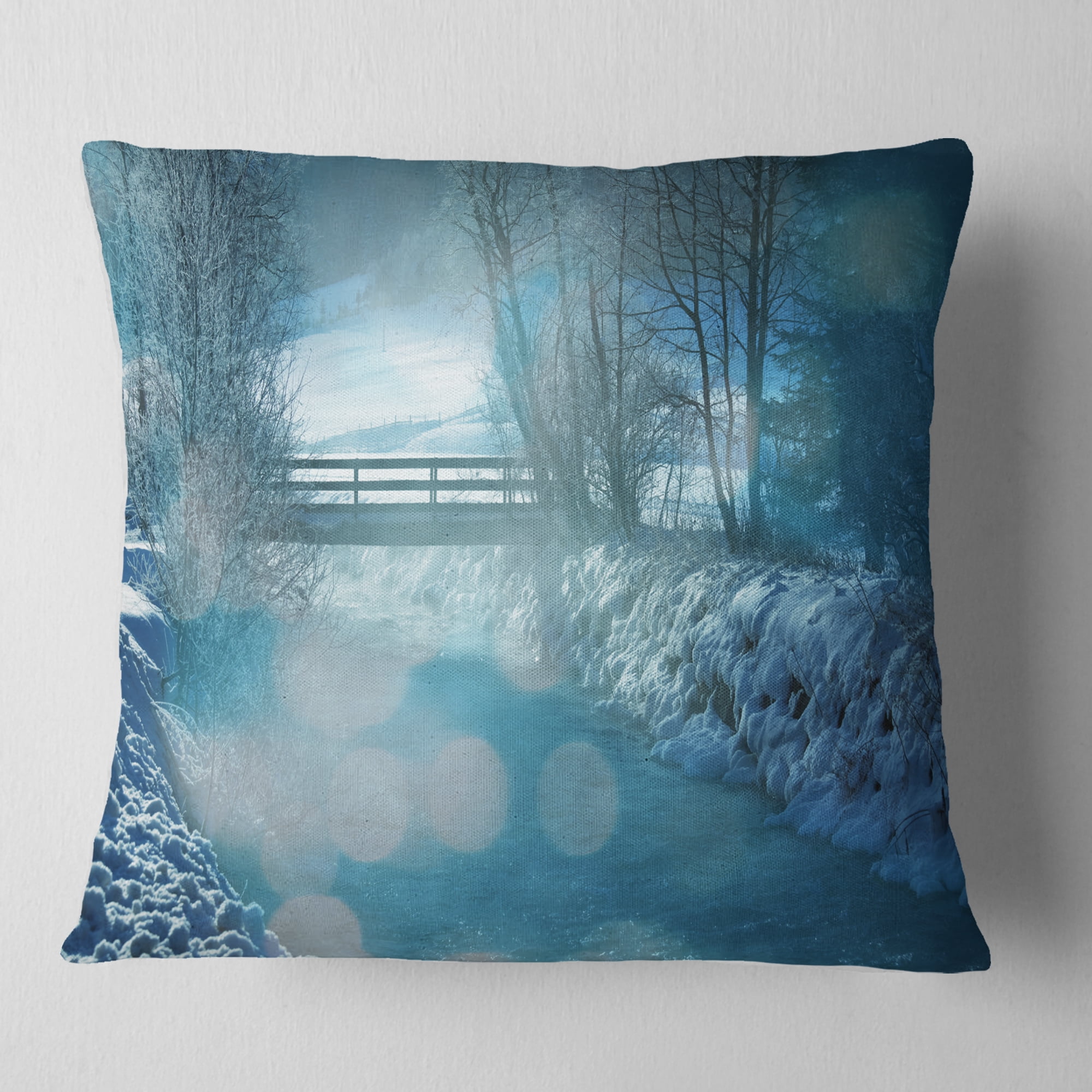 Designart Beautiful Winter River View - Landscape Printed Throw Pillow - 16x16