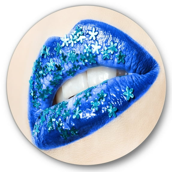 Designart 'Beautiful Woman Lips Blue With Flowers' Modern Circle Metal Wall Art 36x36 - Disc of 36