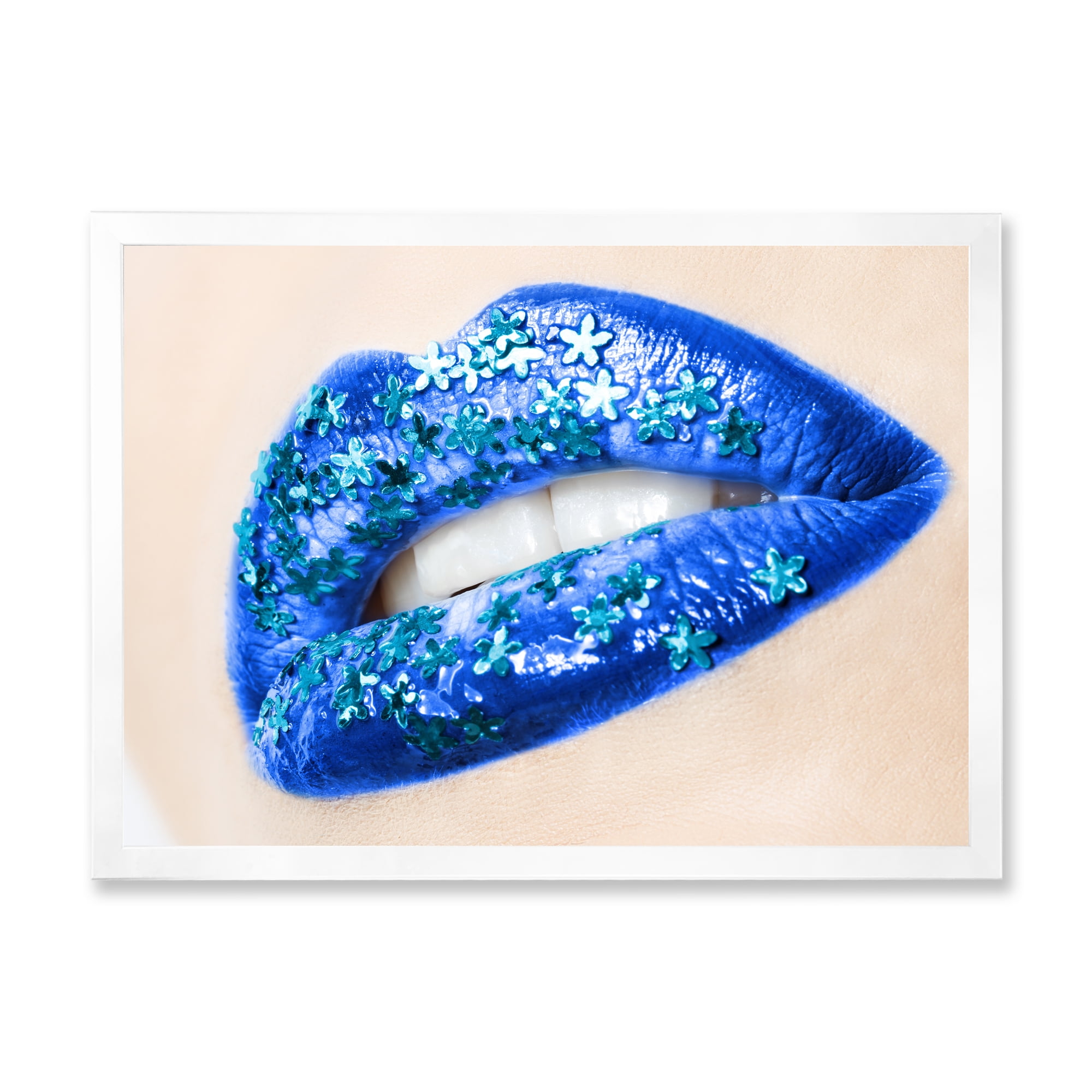 Designart 'Beautiful Woman Lips Blue With Flowers' Modern Framed Art Print
