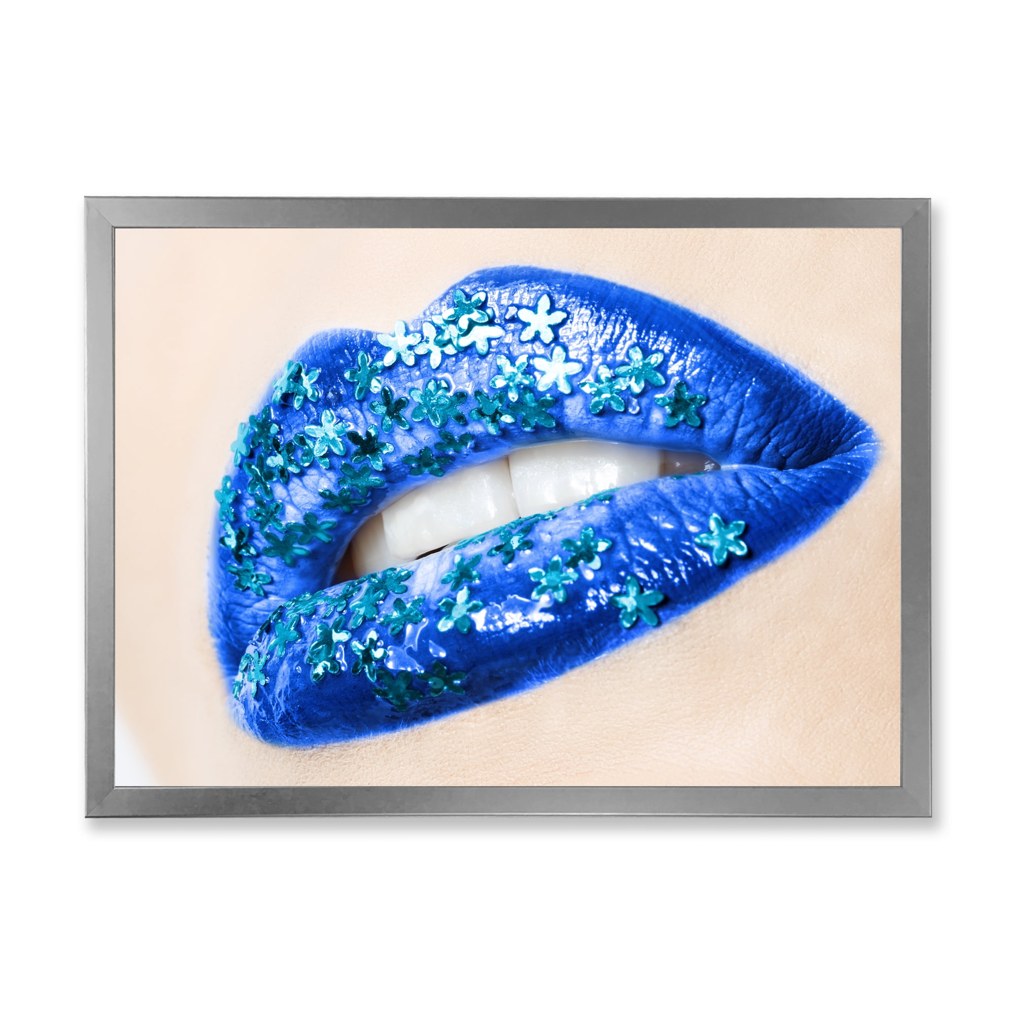 Designart 'Beautiful Woman Lips Blue With Flowers' Modern Framed Art Print