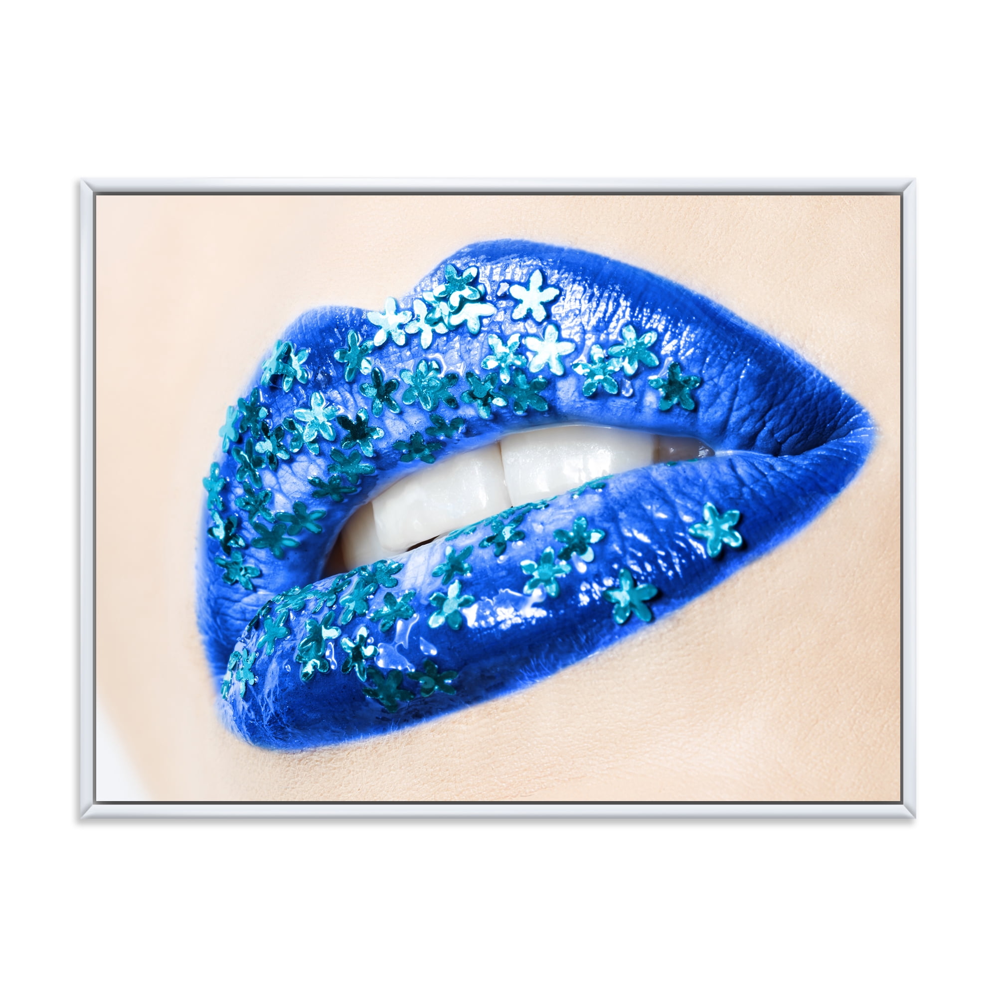 Designart 'Beautiful Woman Lips Blue With Flowers' Modern Framed Canvas Wall Art Print