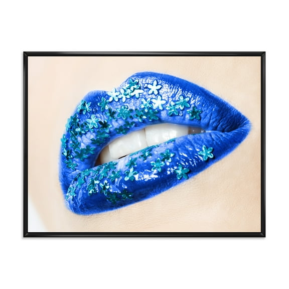 Designart 'Beautiful Woman Lips Blue With Flowers' Modern Framed Canvas Wall Art Print