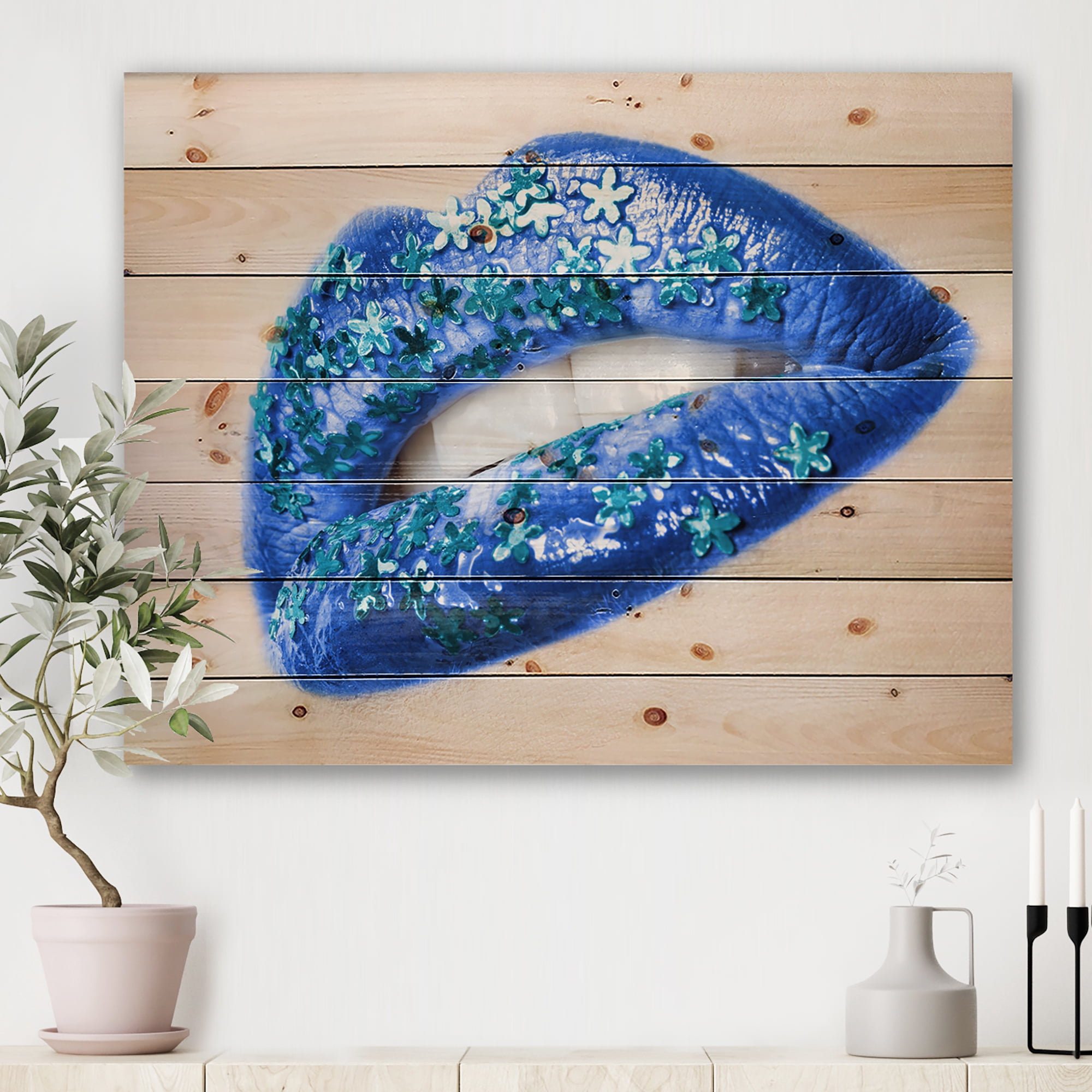 Designart 'Beautiful Woman Lips Blue With Flowers' Modern Print on Natural Pine Wood