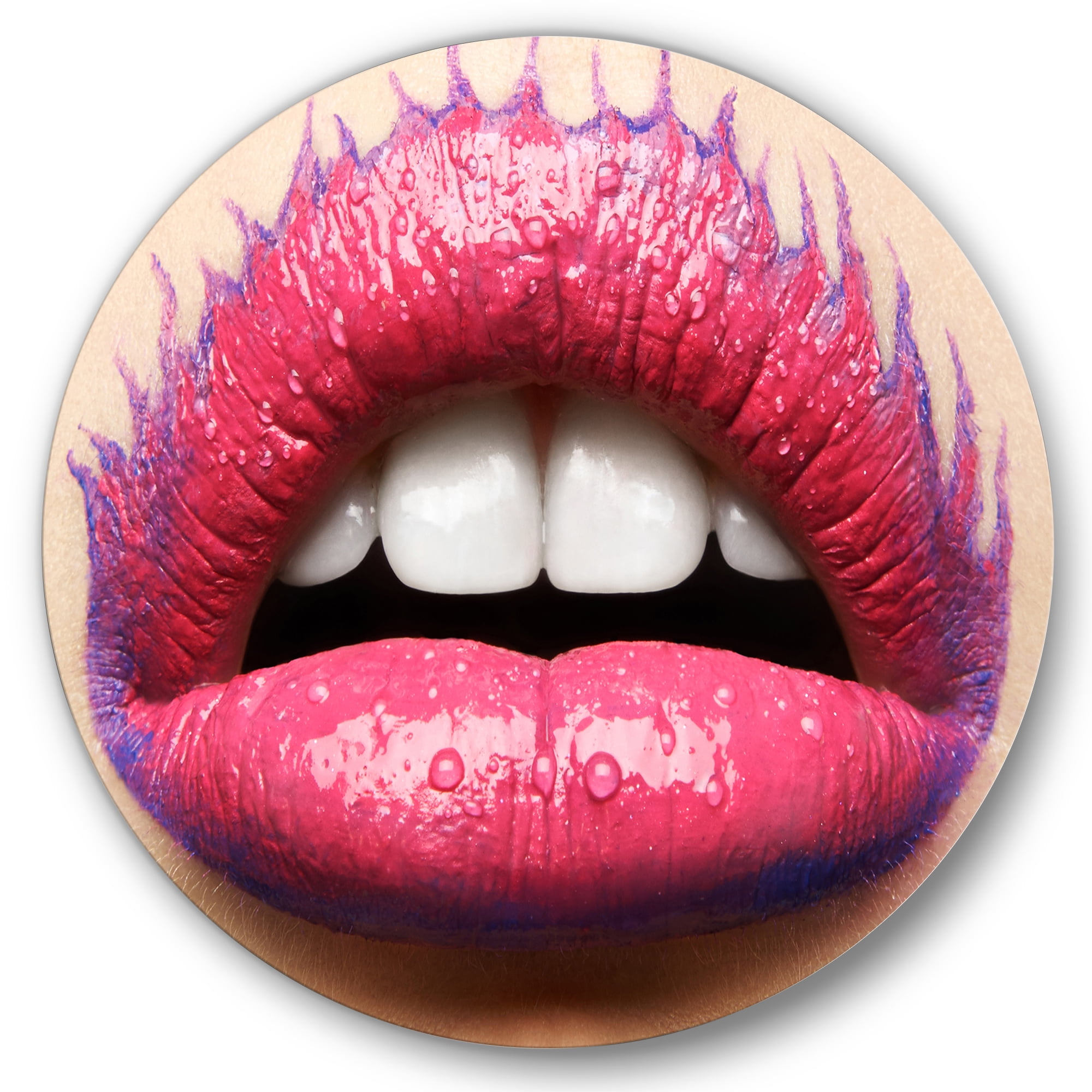 Designart 'Beautiful Woman Lips With Pink Lipstick' Modern Circle Metal Wall Art 23x23 - Disc of 23