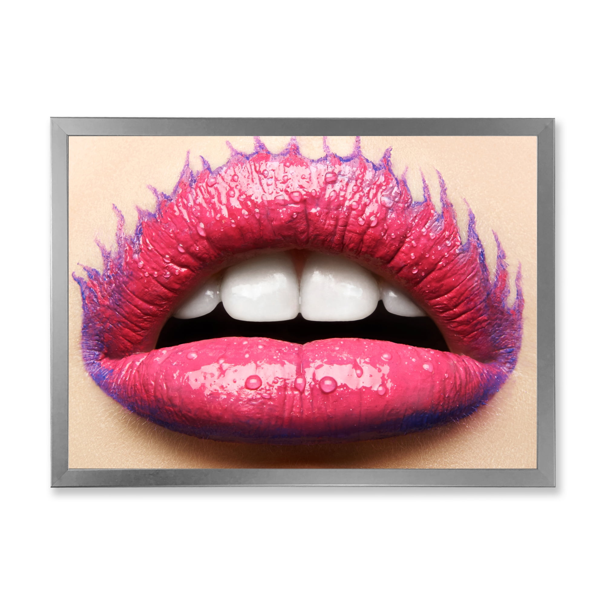 Designart 'Beautiful Woman Lips With Pink Lipstick' Modern Framed Art Print