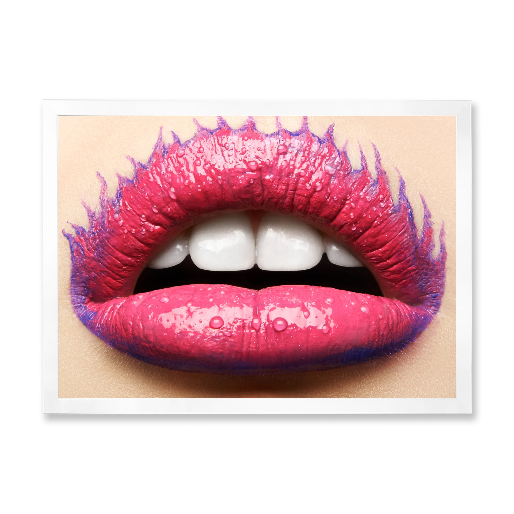 Designart 'Beautiful Woman Lips With Pink Lipstick' Modern Framed Art Print