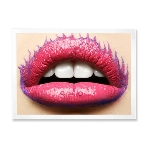 Designart 'Beautiful Woman Lips With Pink Lipstick' Modern Framed Art Print
