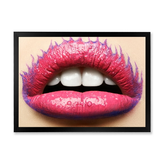Designart 'Beautiful Woman Lips With Pink Lipstick' Modern Framed Art Print