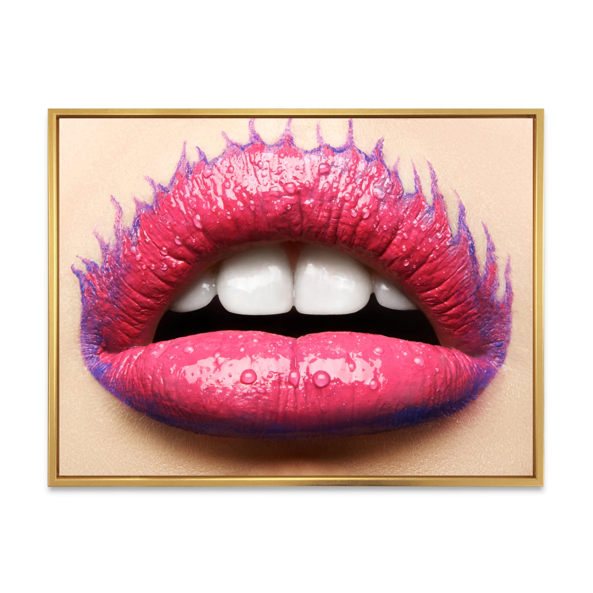 Designart 'Beautiful Woman Lips With Pink Lipstick' Modern Framed Canvas Wall Art Print