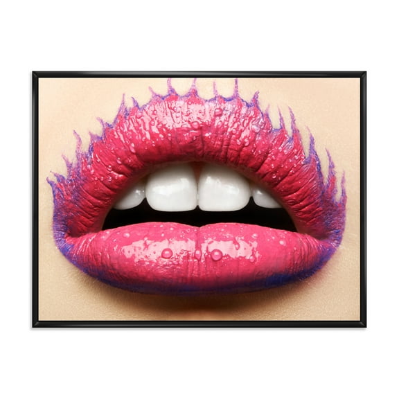Designart 'Beautiful Woman Lips With Pink Lipstick' Modern Framed Canvas Wall Art Print