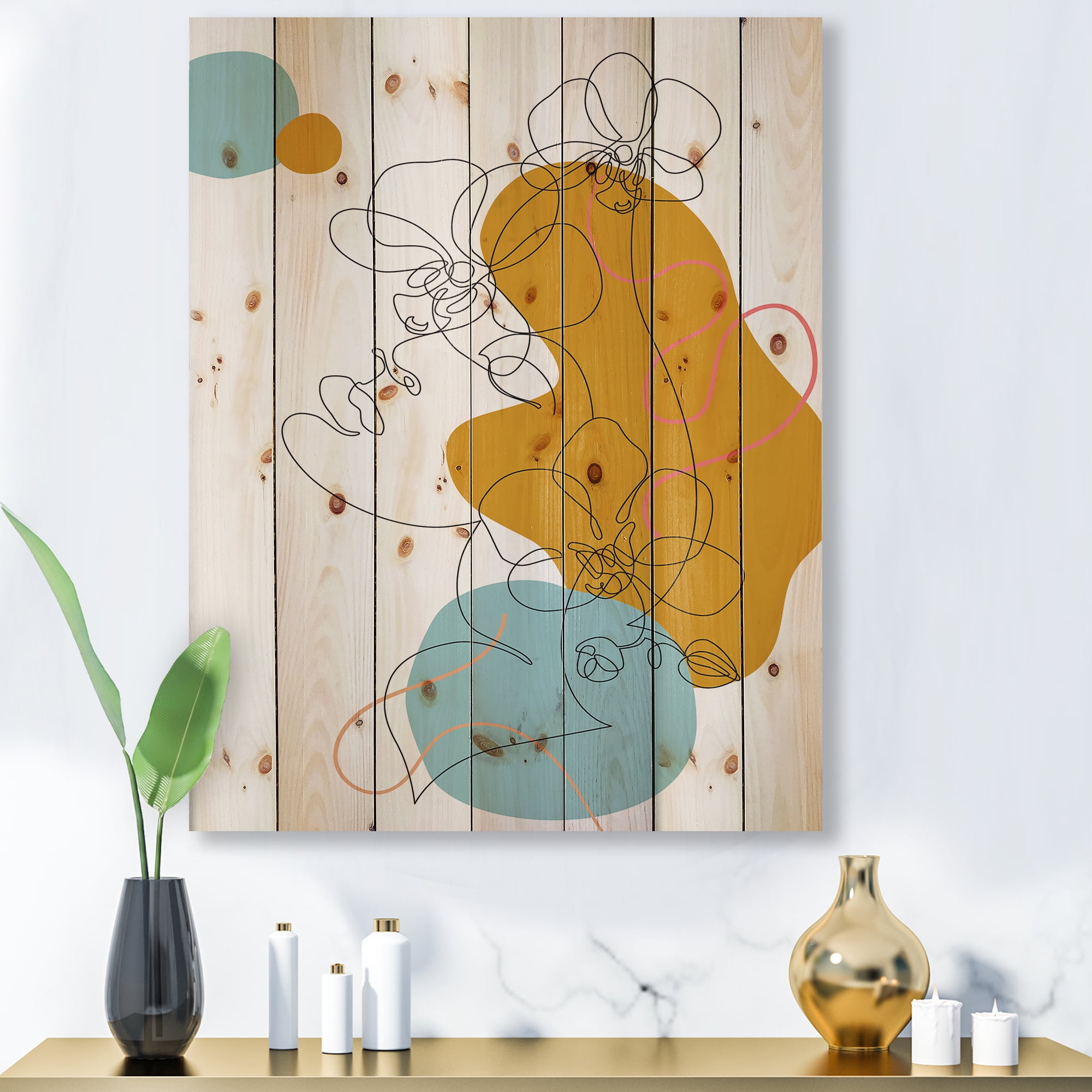 Designart 'Beautiful Woman Portrait With One Line Drawing' Modern Print on Natural Pine Wood