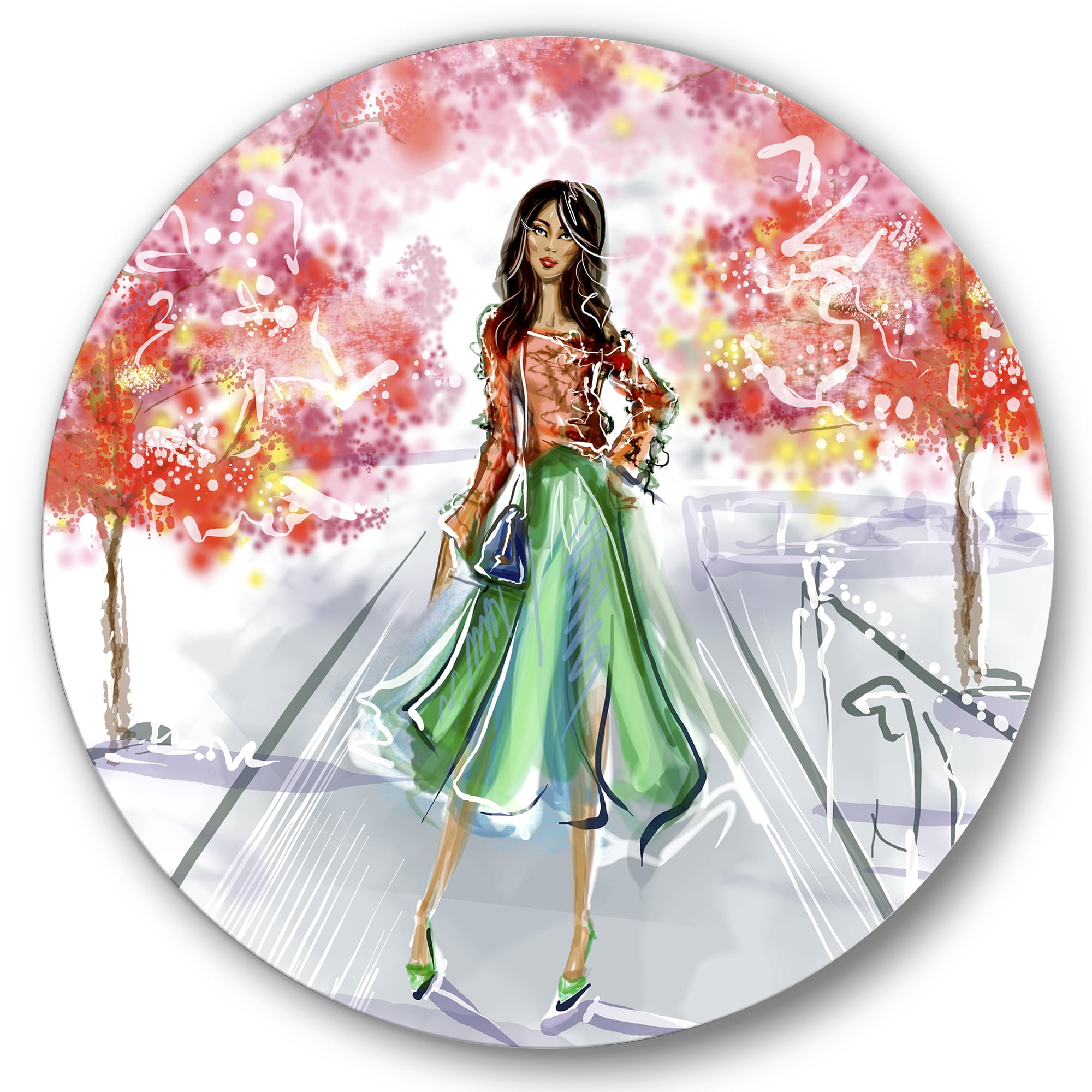 Designart 'Beautiful Woman Wearing Fashionable Clothes In Park' Traditional Circle Metal Wall Art 11x11 - Disc of 11