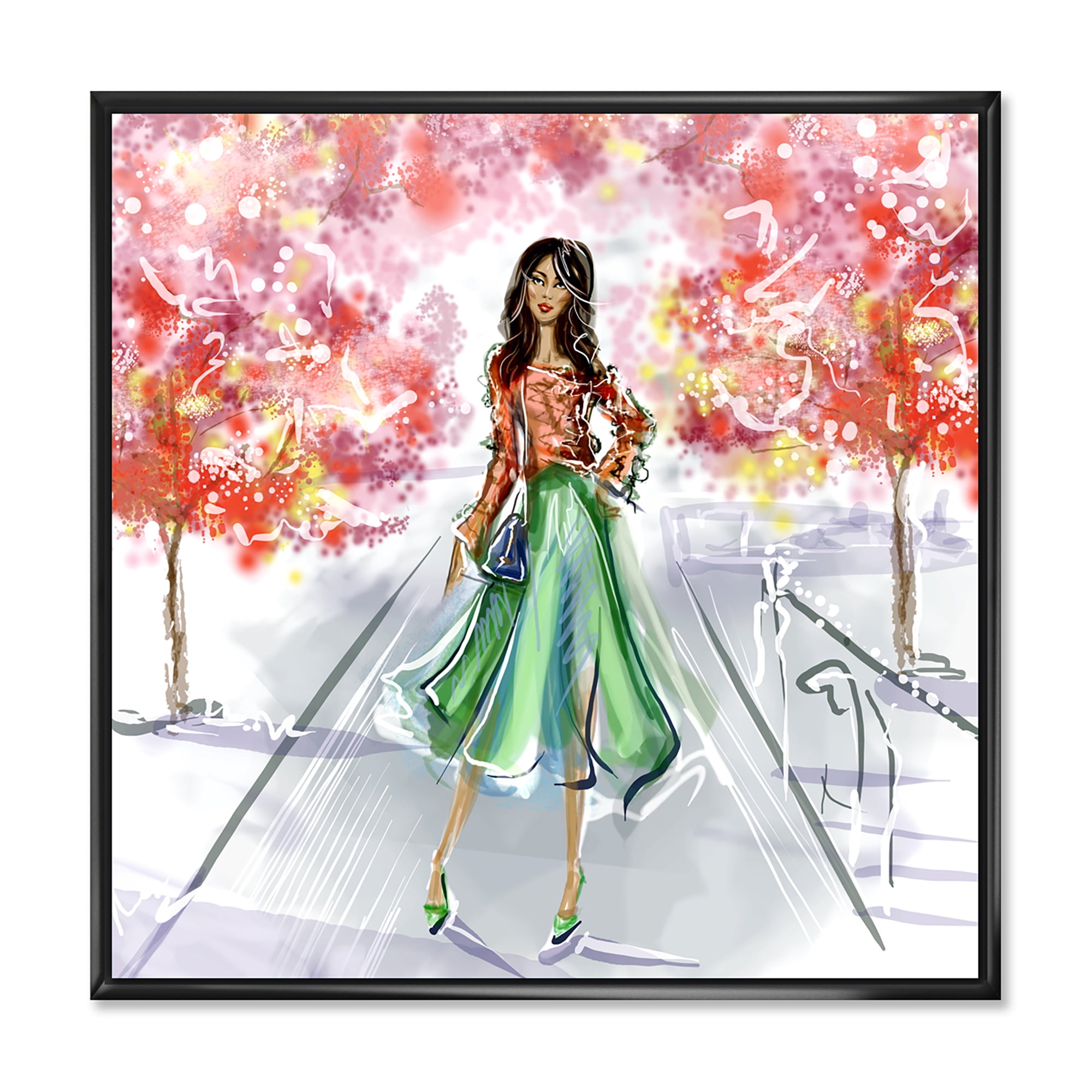 Designart 'Beautiful Woman Wearing Fashionable Clothes In Park' Traditional Framed Canvas Wall Art Print
