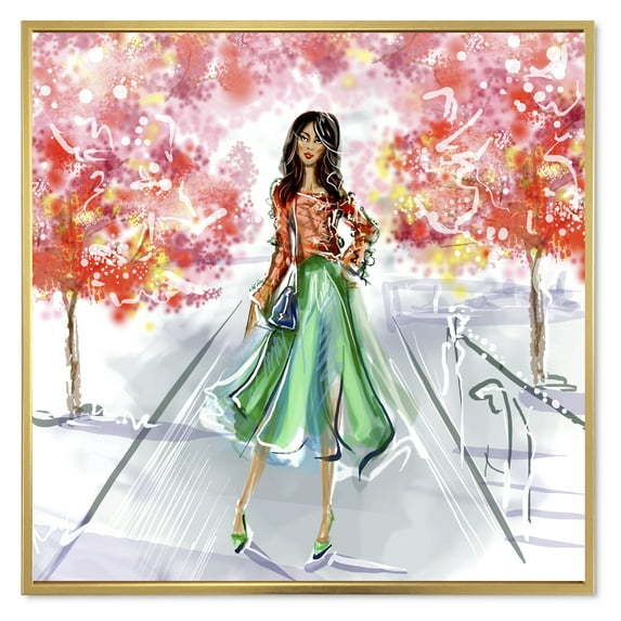 Designart 'Beautiful Woman Wearing Fashionable Clothes In Park' Traditional Framed Canvas Wall Art Print
