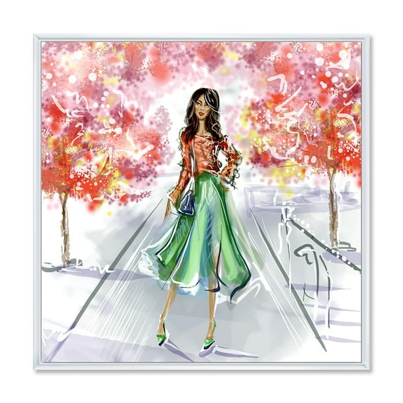 Designart 'Beautiful Woman Wearing Fashionable Clothes In Park' Traditional Framed Canvas Wall Art Print