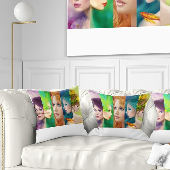 Designart Beautiful Women Face Collage - Abstract Portrait Throw Pillow - 18x18