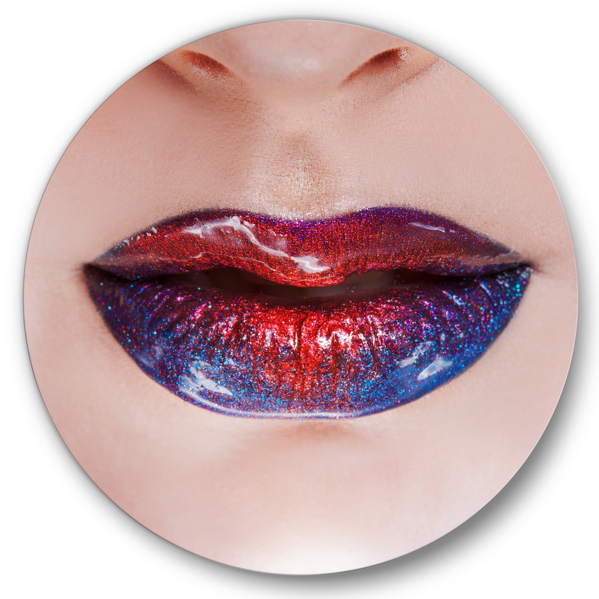 Designart 'Beautiful Women Lips With Red and Blue Lipstick' Modern Circle Metal Wall Art 23x23 - Disc of 23