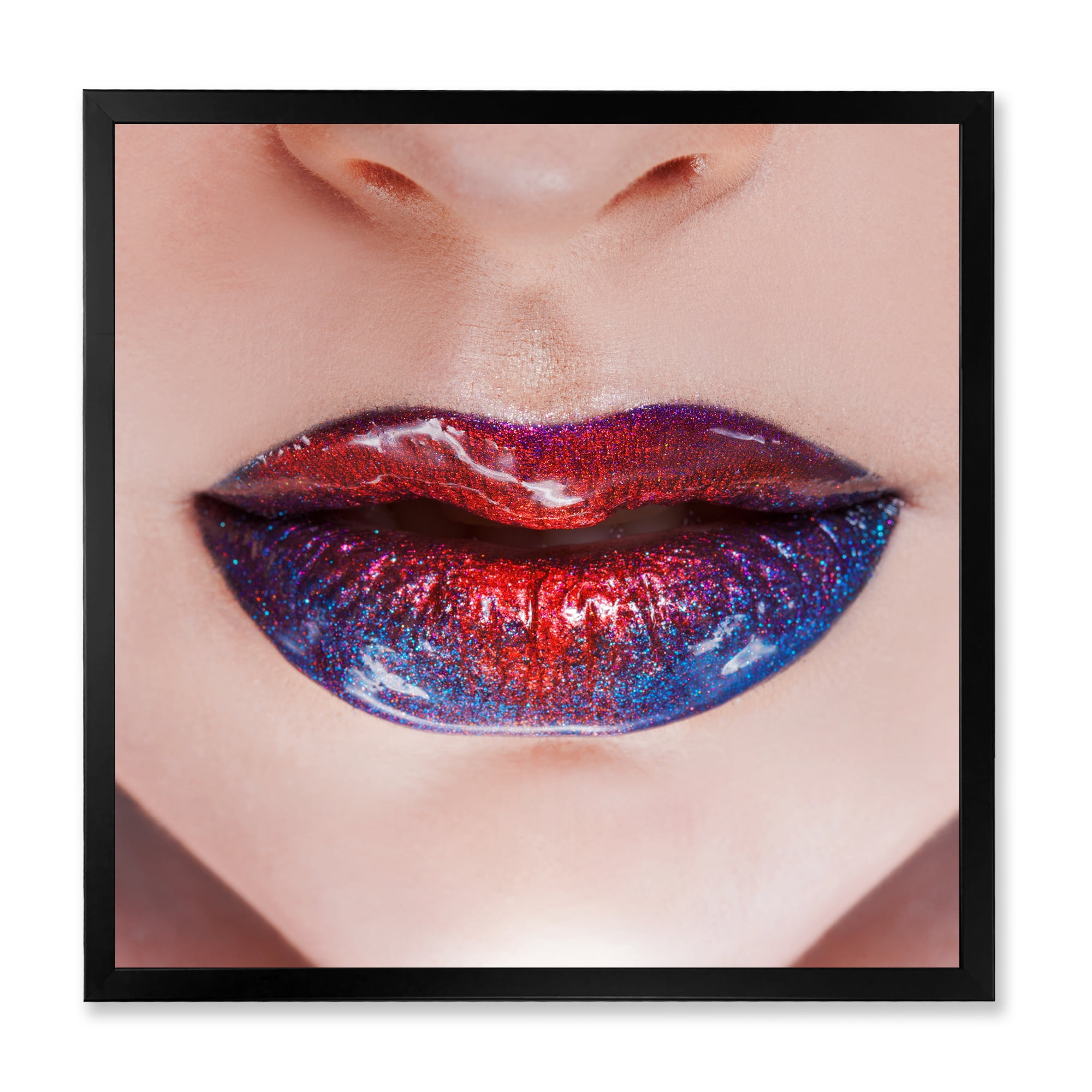 Designart 'Beautiful Women Lips With Red and Blue Lipstick' Modern Framed Art Print