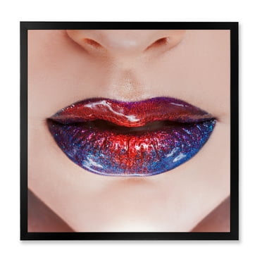 Designart 'Beautiful Women Lips With Red and Blue Lipstick' Modern Framed Art Print