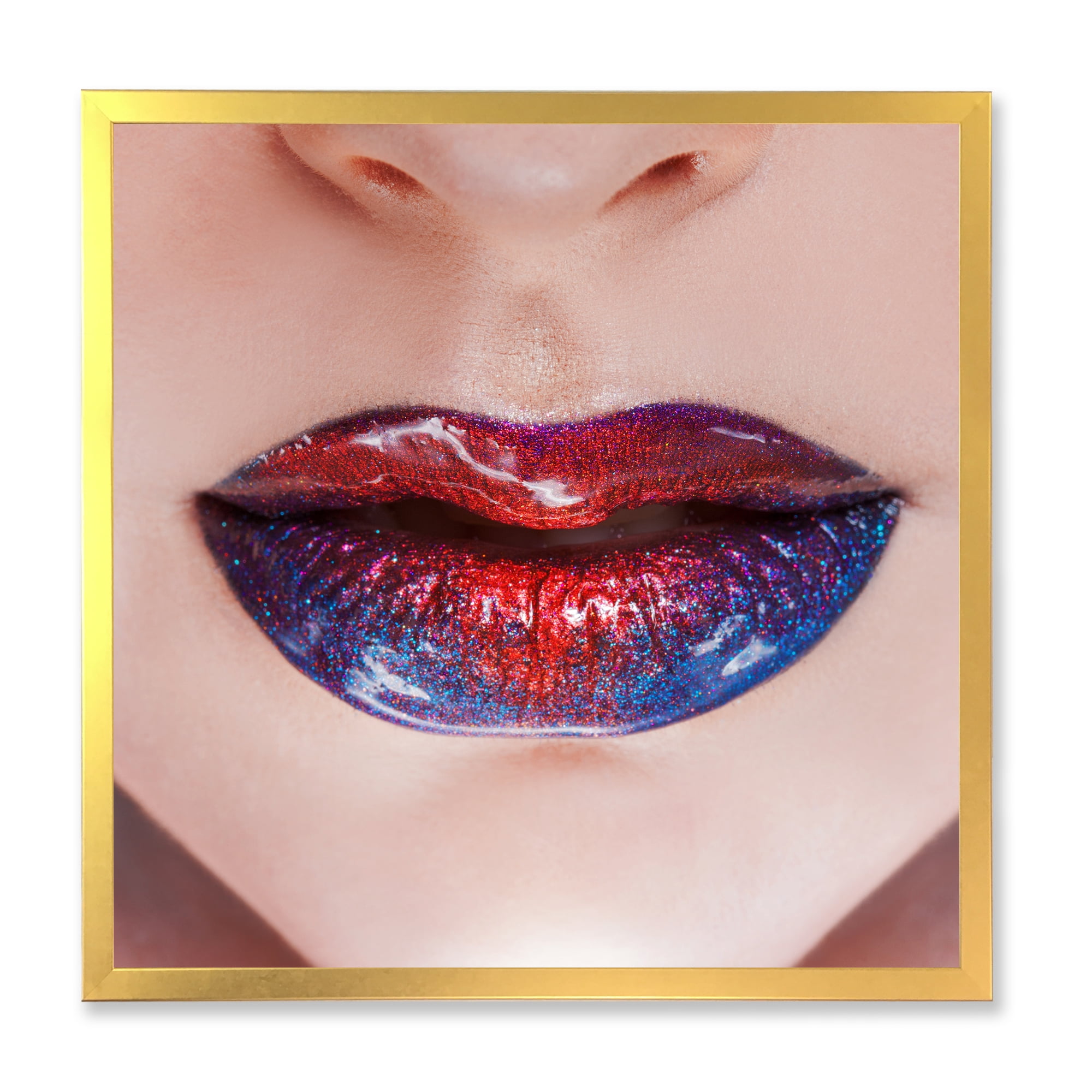 Designart 'Beautiful Women Lips With Red and Blue Lipstick' Modern Framed Art Print