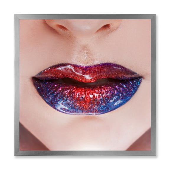 Designart 'Beautiful Women Lips With Red and Blue Lipstick' Modern Framed Art Print