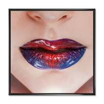 Designart 'Beautiful Women Lips With Red and Blue Lipstick' Modern Framed Canvas Wall Art Print