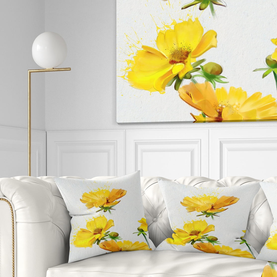 Designart Beautiful Yellow Flowers on White - Floral Throw Pillow - 16x16