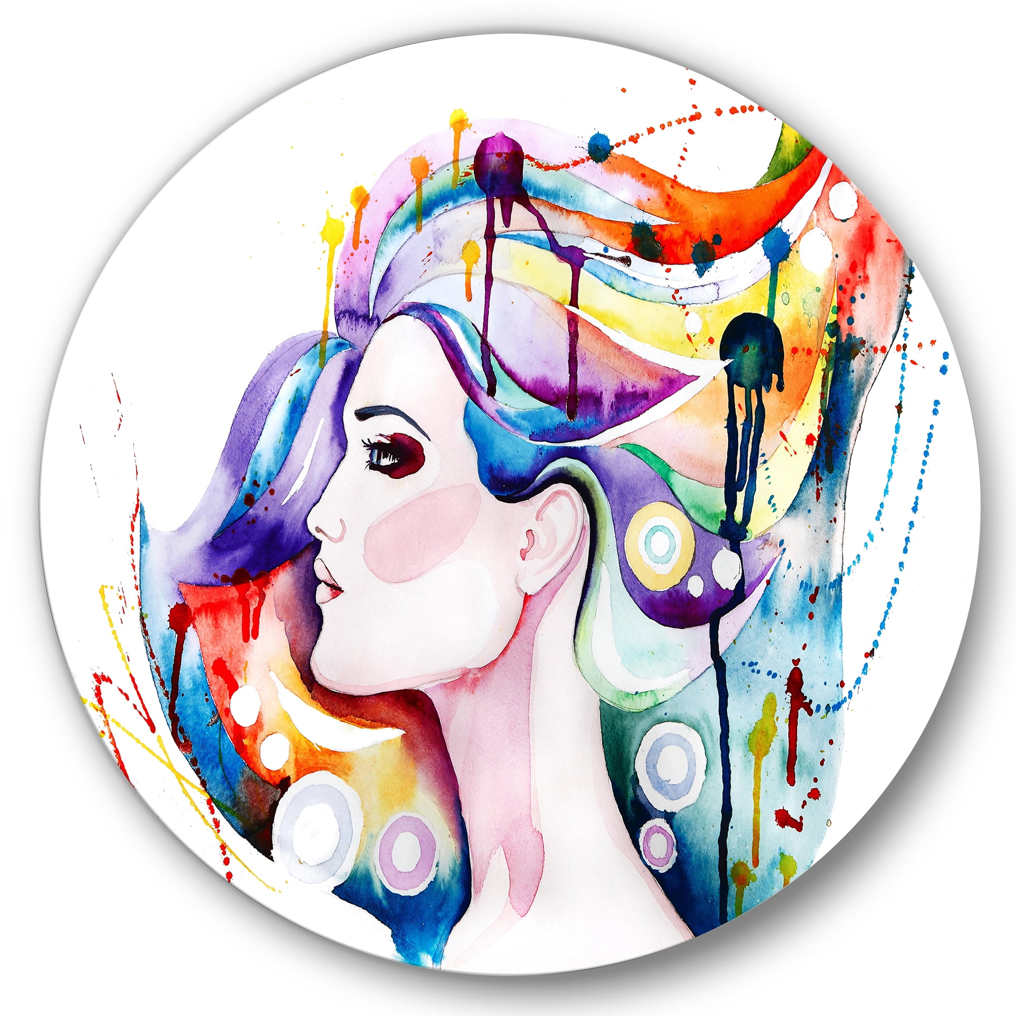 Designart 'Beautiful Young Woman With Colorful Hair' Traditional Circle Metal Wall Art 36x36 - Disc of 36