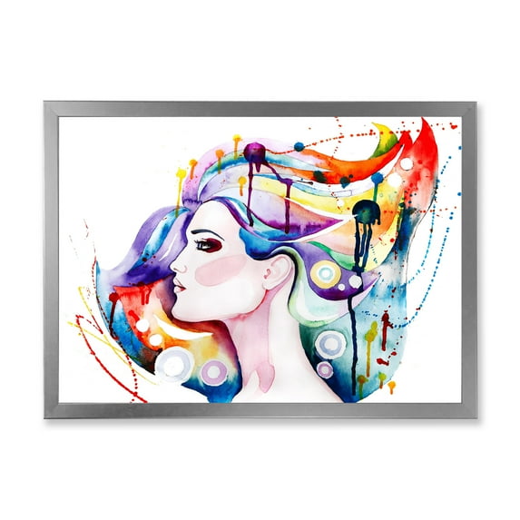 Designart 'Beautiful Young Woman With Colorful Hair' Traditional Framed Art Print