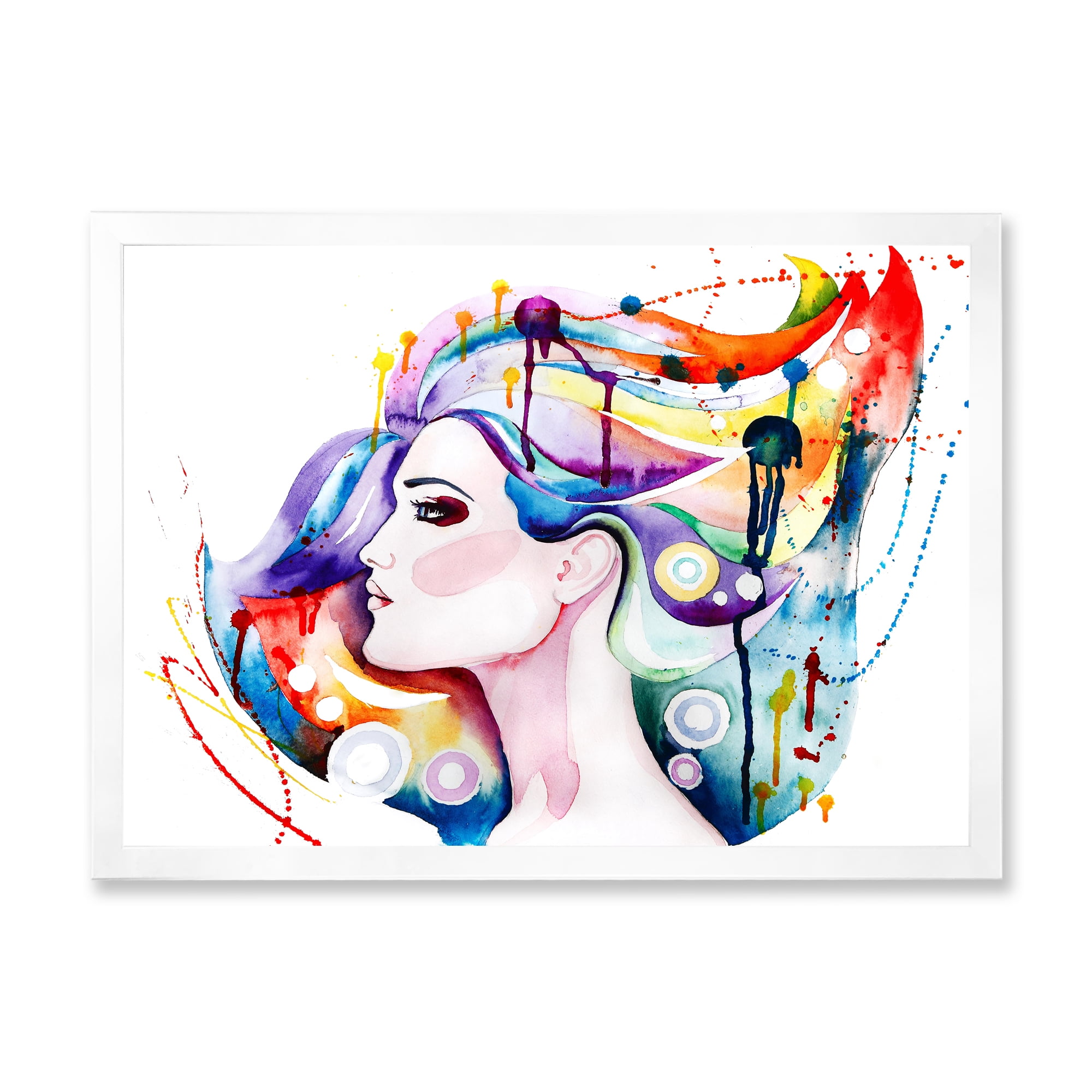 Designart 'Beautiful Young Woman With Colorful Hair' Traditional Framed Art Print