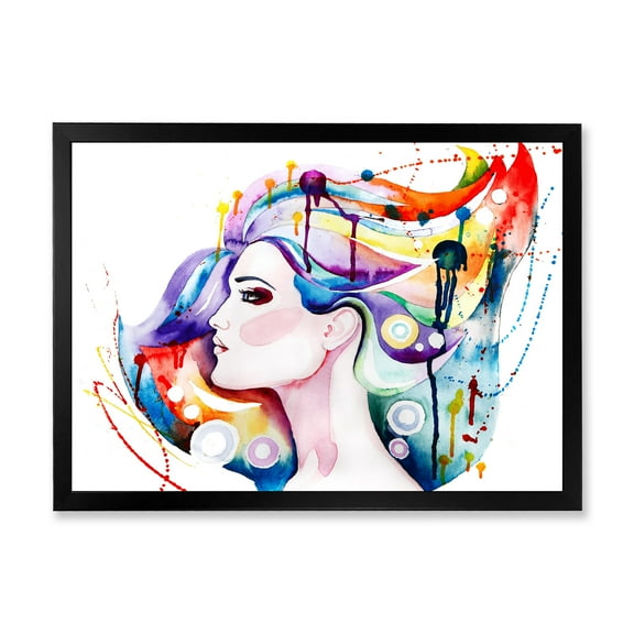 Designart 'Beautiful Young Woman With Colorful Hair' Traditional Framed Art Print