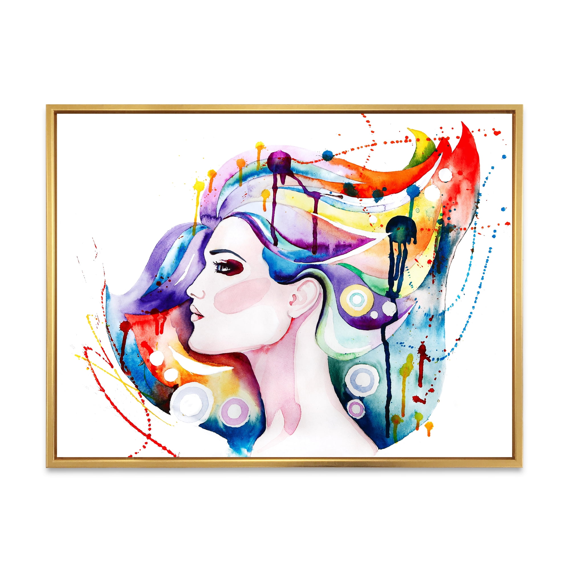 Designart 'Beautiful Young Woman With Colorful Hair' Traditional Framed Canvas Wall Art Print
