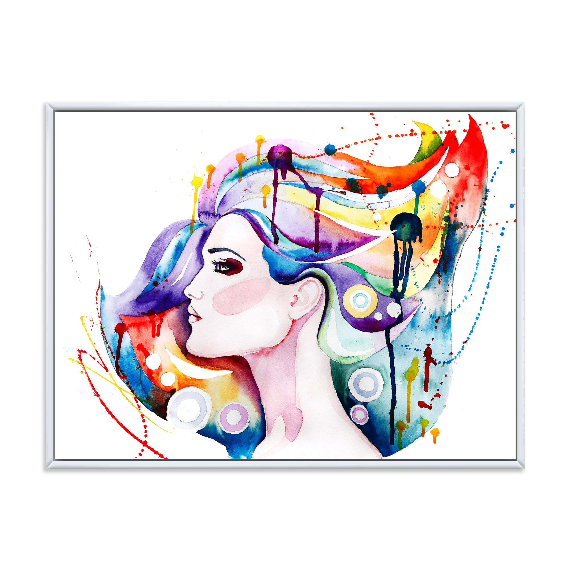 Designart 'Beautiful Young Woman With Colorful Hair' Traditional Framed Canvas Wall Art Print