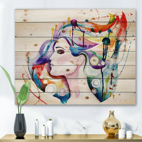Designart 'Beautiful Young Woman With Colorful Hair' Traditional Print on Natural Pine Wood